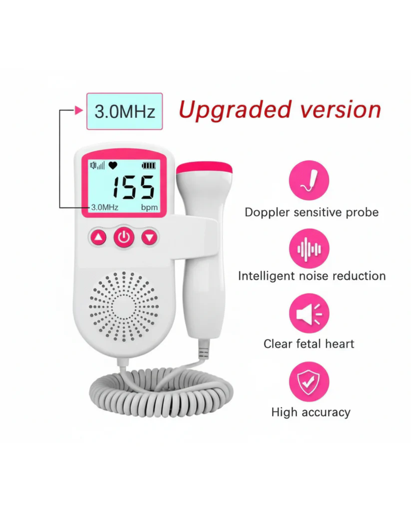Portable Ultrasonic Fetal Doppler Baby Heart Monitor for Pregnancy + Free Gel & Battery